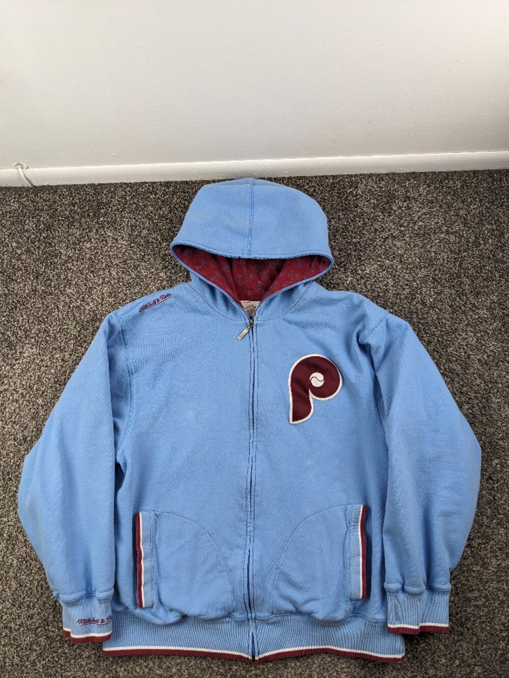 Philadelphia Phillies Hoodie Sweatshirt Mitchell & Ness VTG Logo Full Zip Large